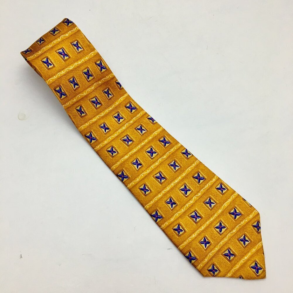 Ike Behar New York Gold & Blue Print Silk Tie Geometric Design Made in Spain